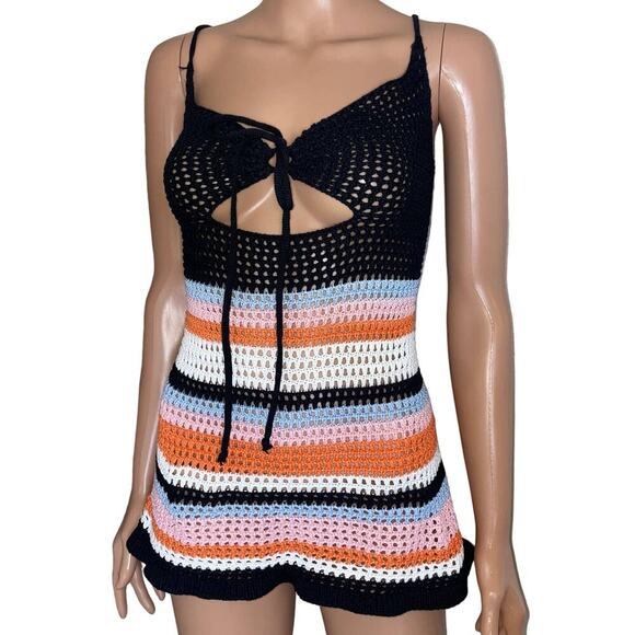 Colorblock Cut Out Lace Up Back Cover Up Dress crochet knit chest cut out SZ SM - Picture 7 of 11